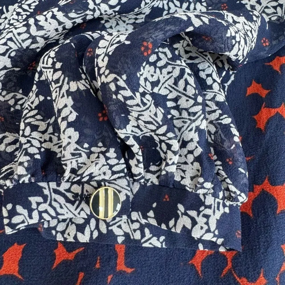 TORY BURCH 100% silk Floral Print blouse with Semi See Through Long Sleeve Sz 6